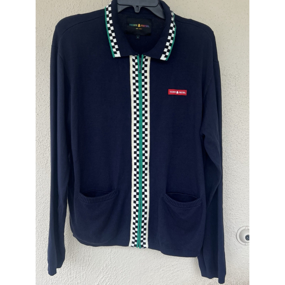 Teddy Fresh Navy Checkerboard Zip Knit Cardigan Sweater Logo Patch Men’s Small